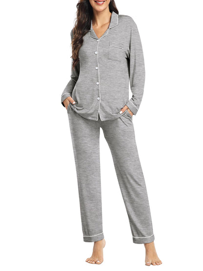 YOPUGEE Cotton Modal Button Up Pajamas For Women Set Cute Comfy Lounge Set Two Piece Pajama Set Sleepwear Light Grey M