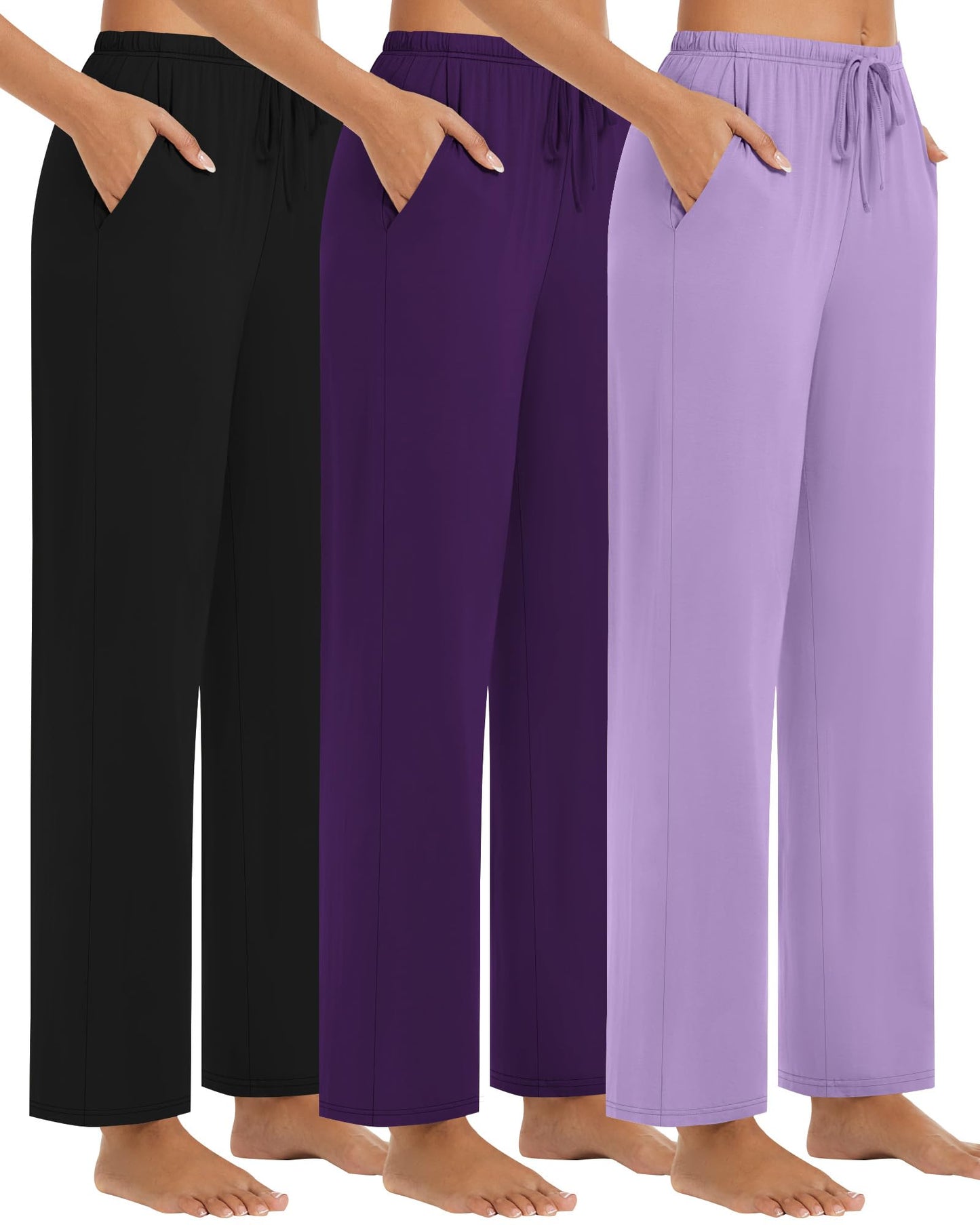 Locoowai 3 Pack Womens Drawstring Pajama Pants Casual Lounge Pants with Pockets Modal Soft Pj Bottoms Comfy Sleepwear(Black Violet Light PurpleL)
