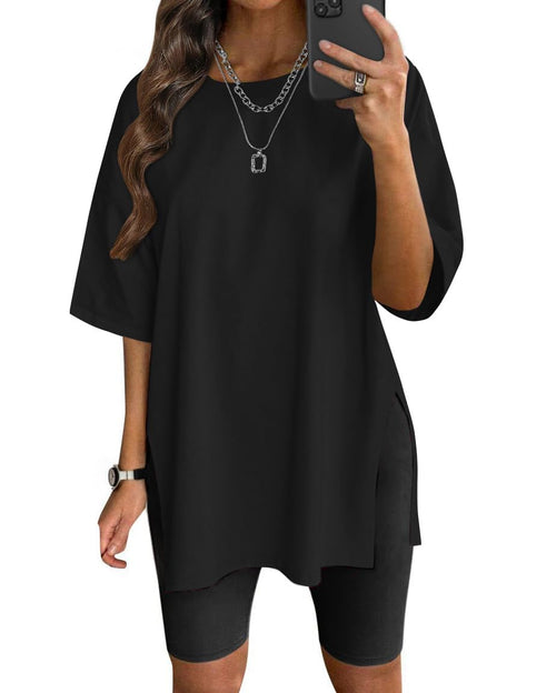 VNIRA Oversized T Shirt for Women Losse Fit Cotton Short Sleeve Workout Top Summer Casual Blouse Basic Split Hem Tee Tops Black